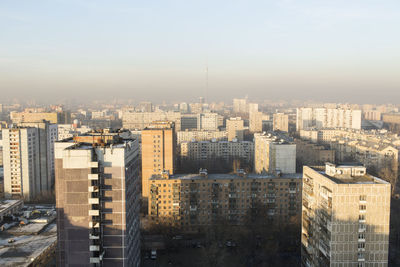 High angle view of residential buildings in moscow city against sky