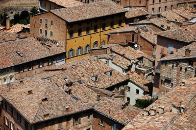 High angle view of old houses in town