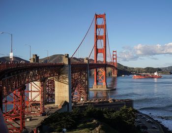 Golden gate bridge over river against sky