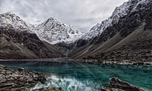 Scenic view of lake and snowcapped mountains against sky