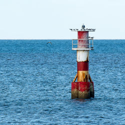 Lighthouse on sea against clear sky