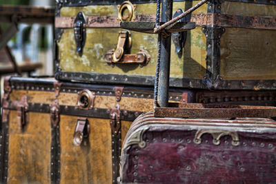 Close-up of rusty metallic suitcase