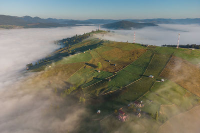 High angle view of agricultural field against sky