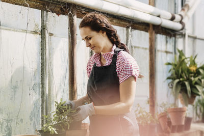 Woman looking at potted plants in greenhouse
