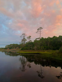 Scenic view of lake against sky at sunset