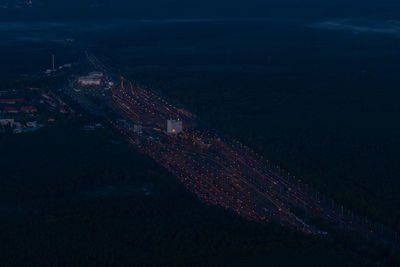 High angle view of illuminated city buildings