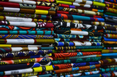 Full frame shot of colorful fabrics for sale in store