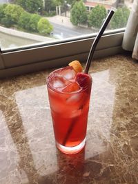 Close-up of red wine on table