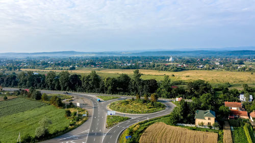 High angle view of agricultural field against sky