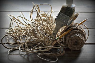 High angle view of ropes on table