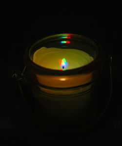 High angle view of lit candle against black background