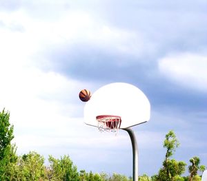 Low angle view of basketball and hoop against cloudy sky