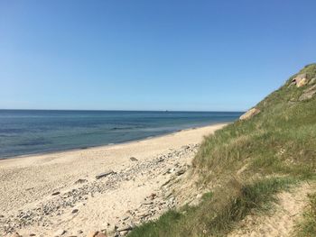 Scenic view of beach against clear blue sky