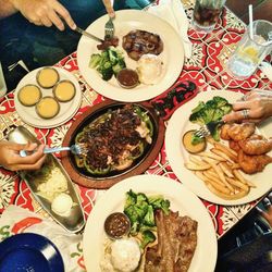 High angle view of meal served on table