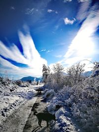 Snow covered landscape against blue sky