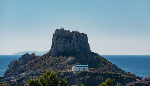 Blue white church on the small island of agios stefanos kefalos kos greece