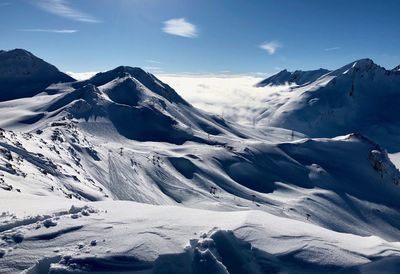 Scenic view of snowcapped mountains against sky