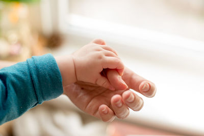 Close-up of baby holding person hands