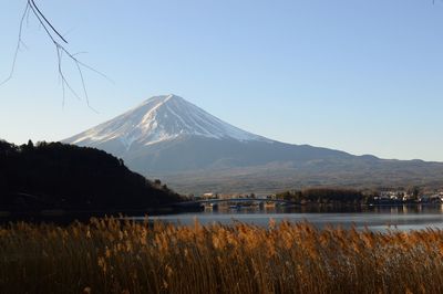 Scenic view of lake with mountain range in the background