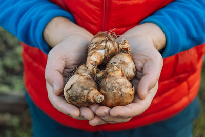 Midsection of man holding seashells