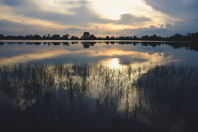 Scenic view of lake against sky during sunset