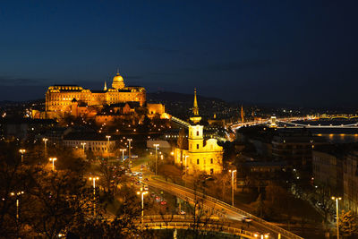 Illuminated buildings in city at night