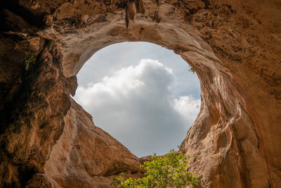 Low angle view of rock formation against sky