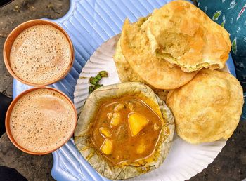 High angle view of indian street food  in plate on table