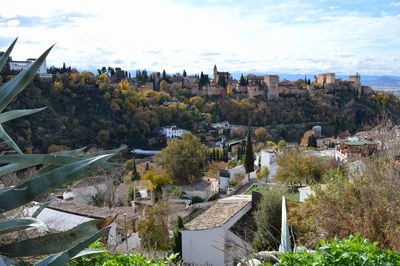 High angle view of trees and buildings against sky