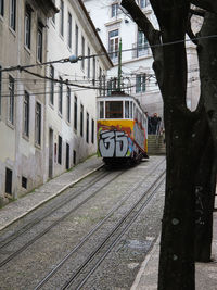 Train on railroad station platform in city