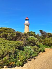 Lighthouse amidst plants and trees against sky