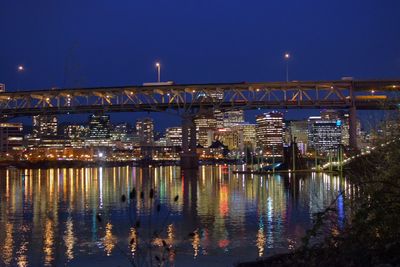 Illuminated bridge over river at night