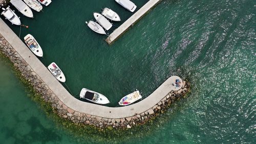 High angle view of boats moored in sea