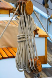 Close-up of rope tied on pulley