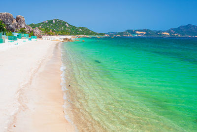 Scenic view of beach against blue sky