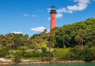 Lighthouse by lake against sky