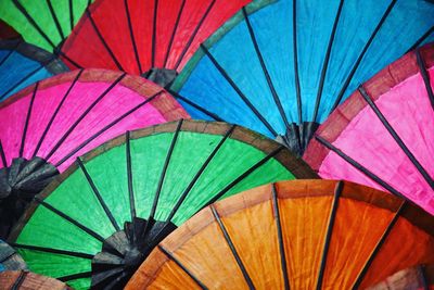 Low angle view of multi colored umbrellas in market