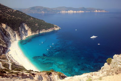 Scenic view of sea and mountains against blue sky