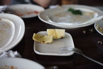 Close-up of food served on table