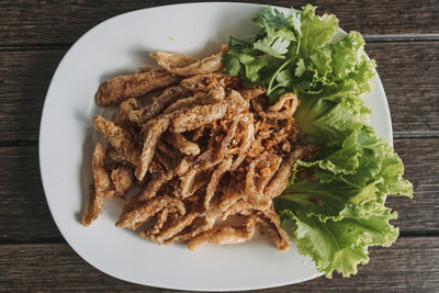 High angle view of food in plate on table