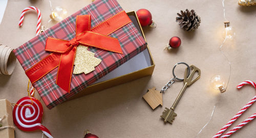 High angle view of christmas decorations on table