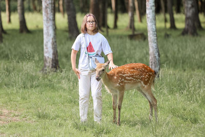 A girl feeding cute spotted deer bambi at petting zoo.