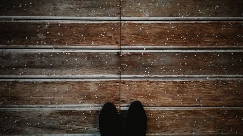 Low section of person standing on hardwood floor