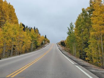 Road amidst trees against grey sky during autumn