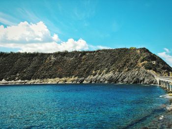 Scenic view of sea against blue sky