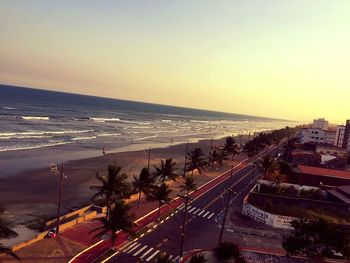 High angle view of beach at sunset