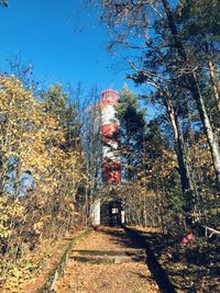 Low angle view of trees and building against sky