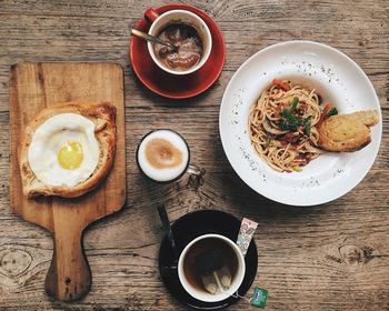 Directly above shot of breakfast served on table