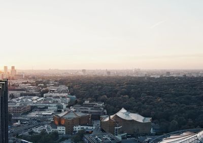 High angle view of townscape against clear sky