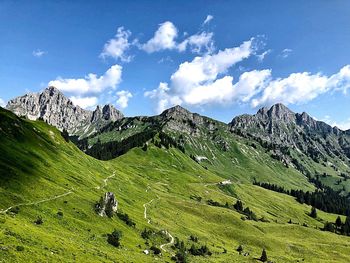 Scenic view of landscape and mountains against sky